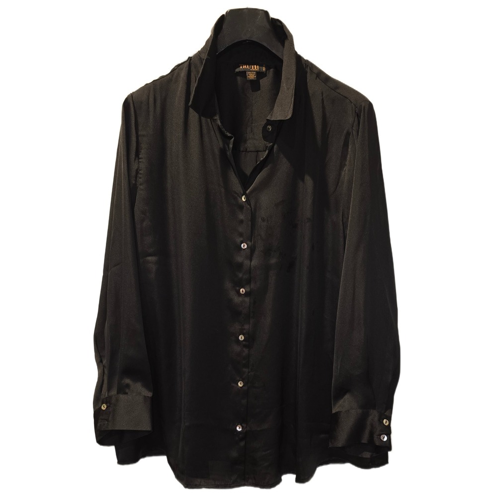 Truth by Republic Black Satin Button‎ Down Shirt Womens 2X Long Sleeve Blouse